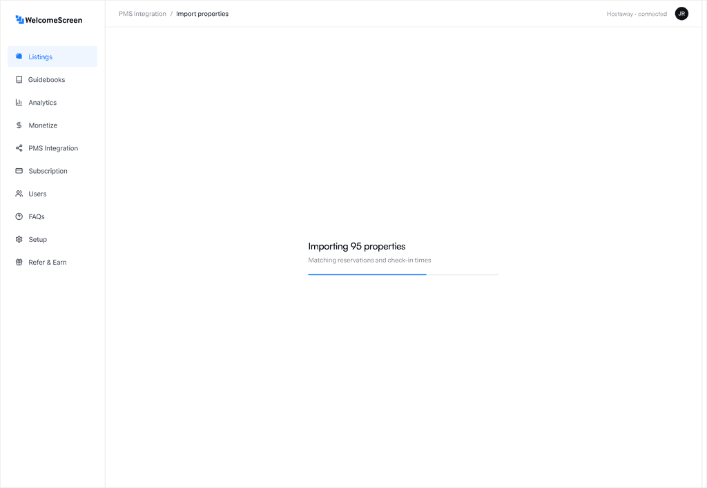 WelcomeScreen onboarding import progress state for matching properties