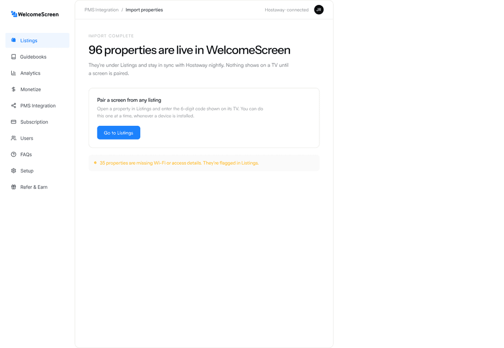 WelcomeScreen onboarding success state with properties live and ready to pair