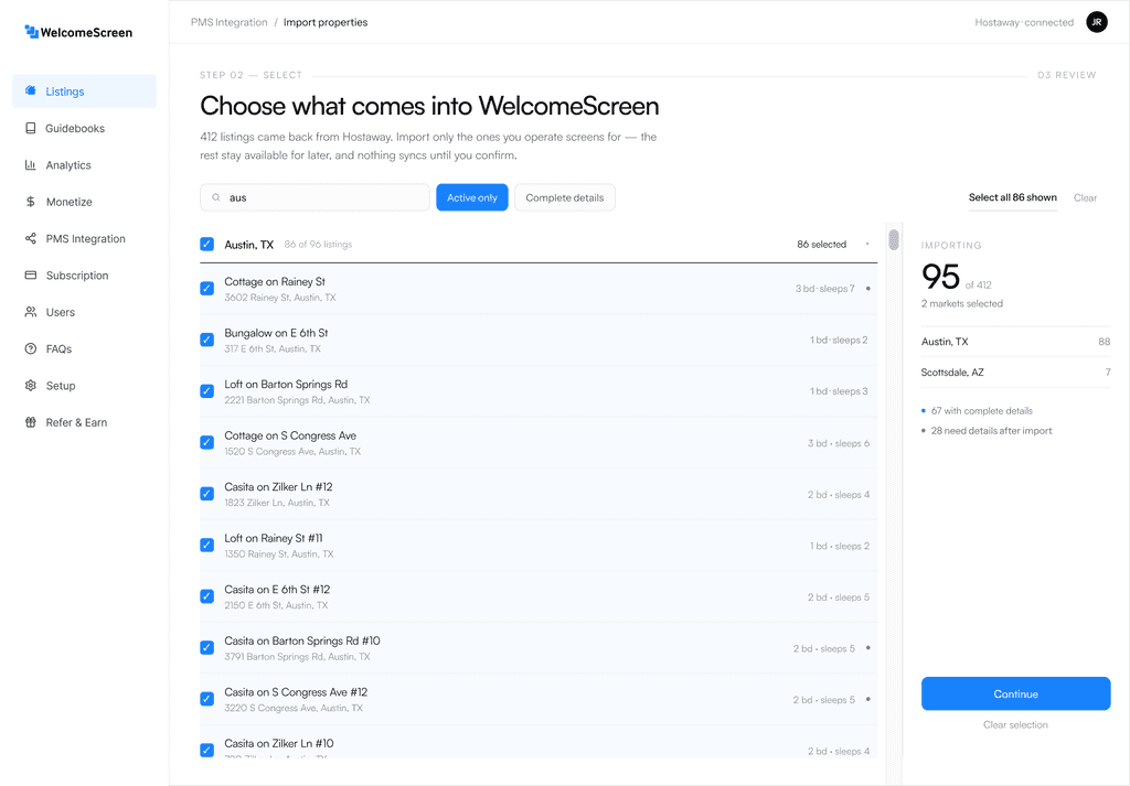 WelcomeScreen onboarding screen for choosing which PMS listings to import