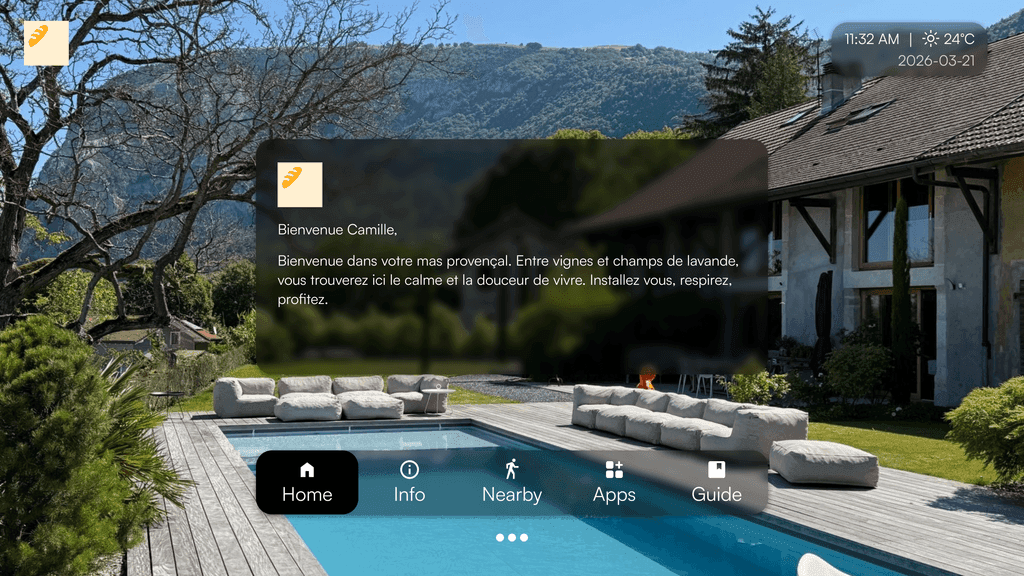 WelcomeScreen TV interface showing localized content on a modern villa background