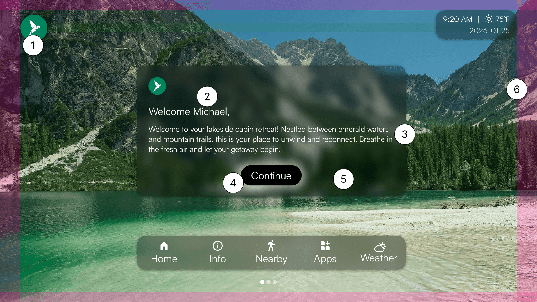 Annotated WelcomeScreen TV welcome interface showing host logo, guest name, message, focus state, blur, and safe zone