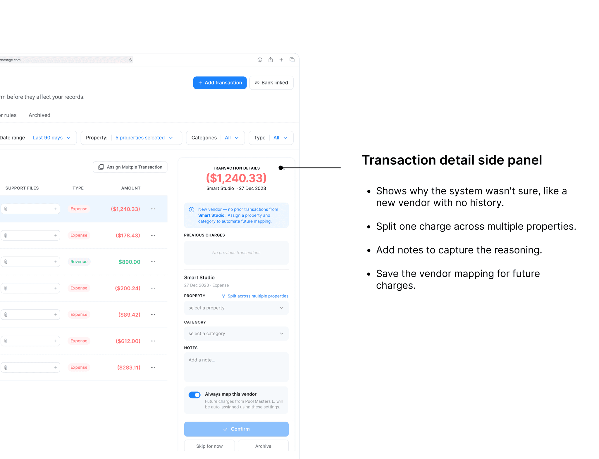 ZoneSage transaction detail panel opened by default on a flagged transaction