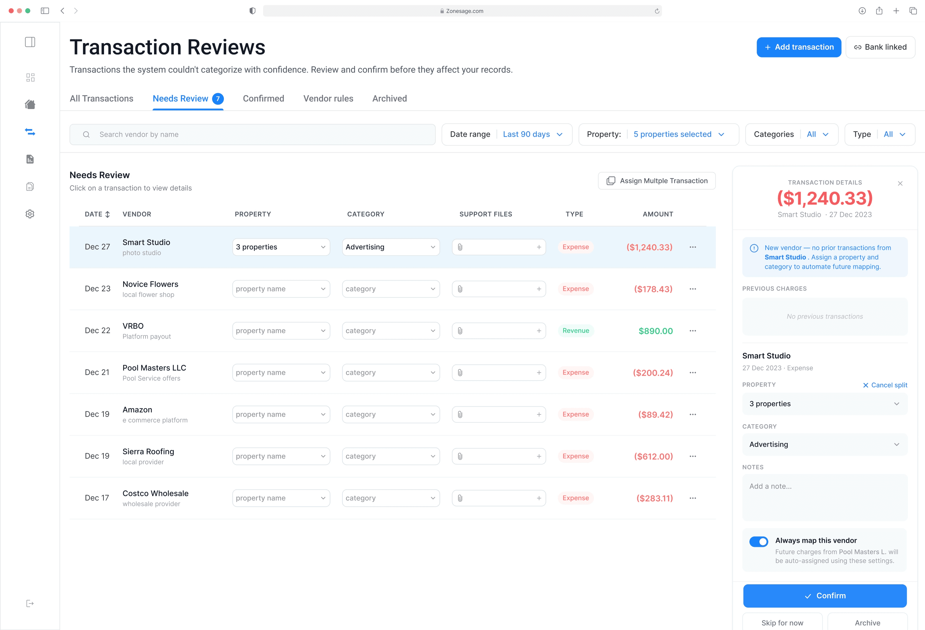 ZoneSage Needs Review queue for uncertain transactions